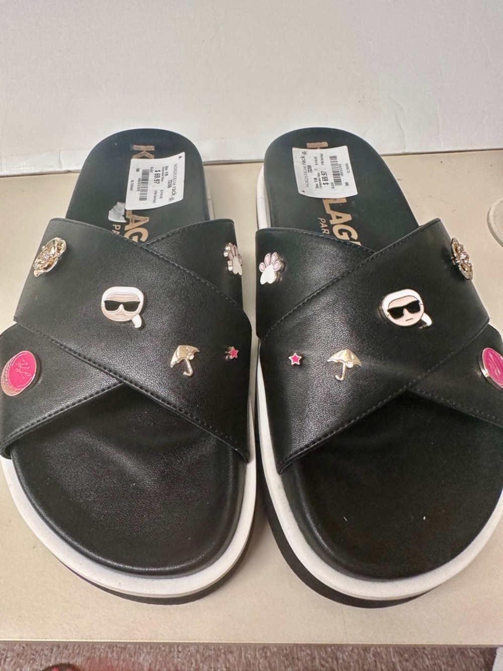 Karl Lagerfeld Black Slide Sandals with Enamel Charm Accents